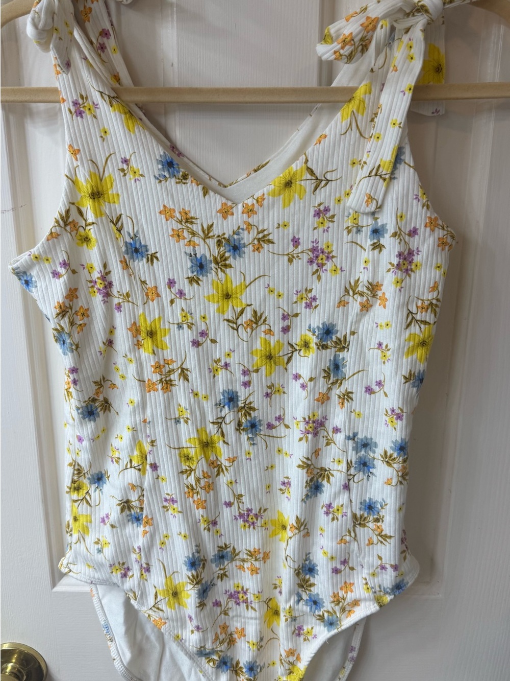 Old Navy White Floral Ribbed V-Neck Tie-Shoulder Bodysuit